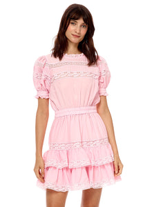 Lace Trim Short Sleeve Mini Dress - Candy