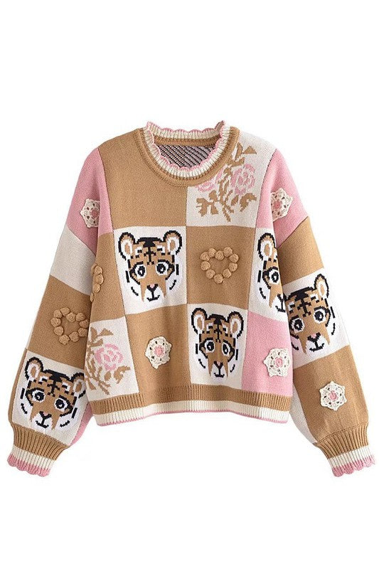 Check Pattern- Tiger and Floral-Sweater